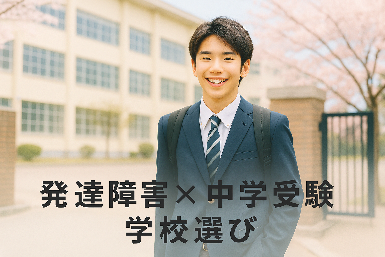 発達障害と中学受験に関する記事のアイキャッチ画像。春の校門前で制服姿の男子中学生が笑顔で立っている。テキスト「発達障害×中学受験 学校選び」が下部に表示されている。