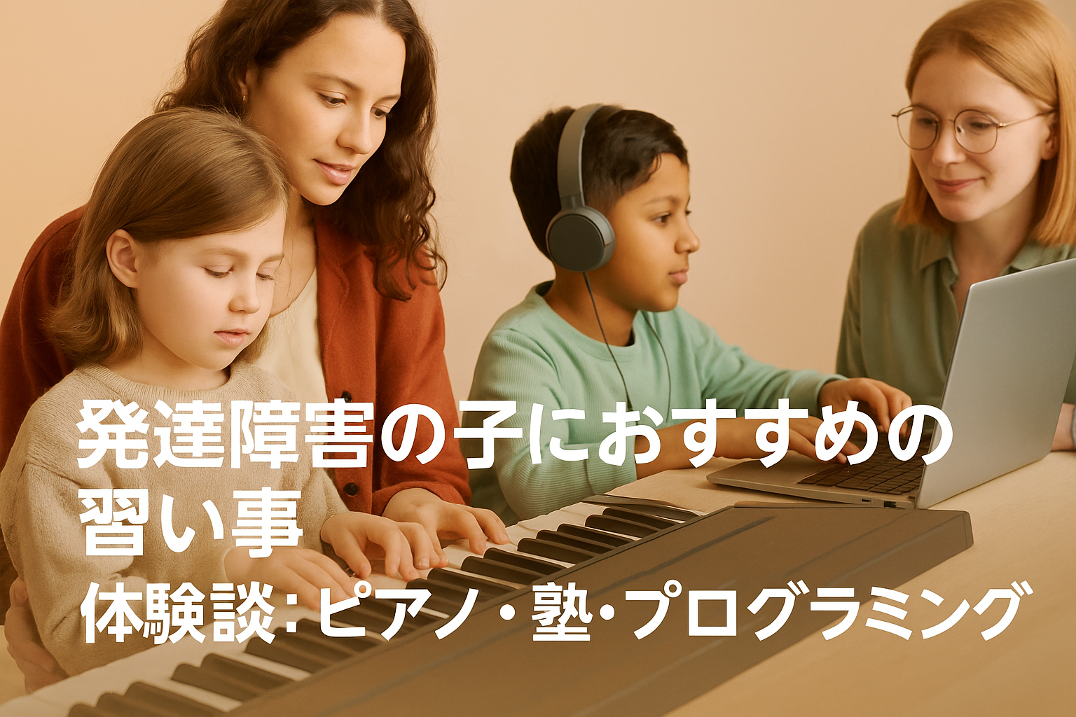 発達障害のある子どもがピアノレッスンとオンラインでのプログラミング学習に取り組む様子。優しく見守る大人とともに、温かみのあるパステル調の雰囲気で表現された横長の写真。テキストには「発達障害の子におすすめの習い事　体験談：ピアノ・塾・プログラミング」と記載。