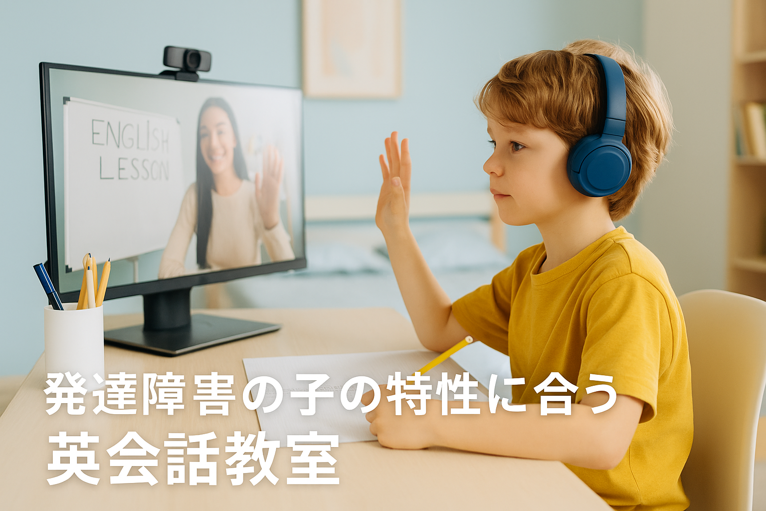発達障害のある男の子がオンライン英会話を受講している様子。