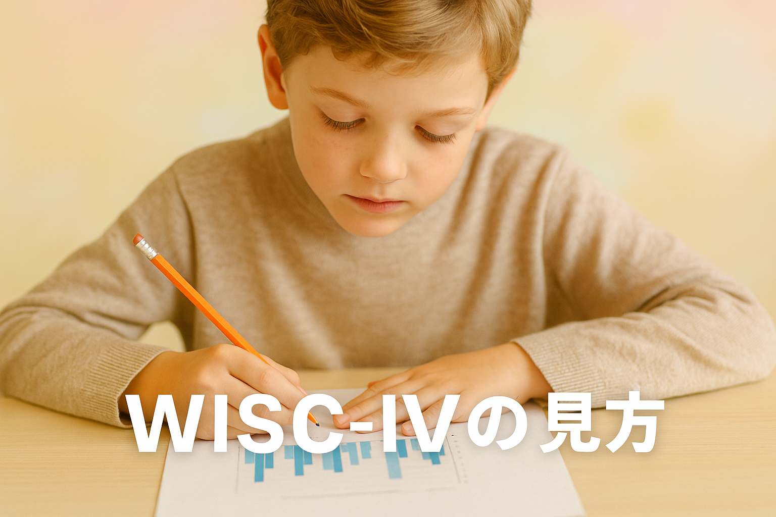 WISC-Ⅳの検査に取り組む外国人風の男の子が、集中してグラフ付きの用紙に書き込んでいる様子。温かみのあるパステル調の横長写真で、下部に「WISC-Ⅳの見方」という日本語テキスト入り。