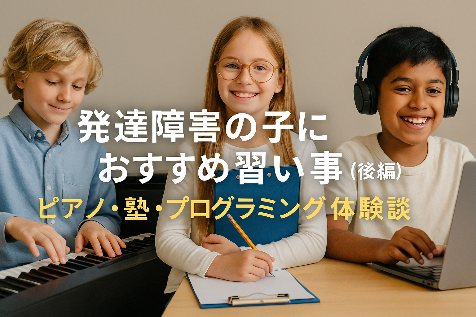 ピアノを弾く外国人の子どもの写真に「発達障害の子におすすめ習い事【後編】」の文字が入ったアイキャッチ画像