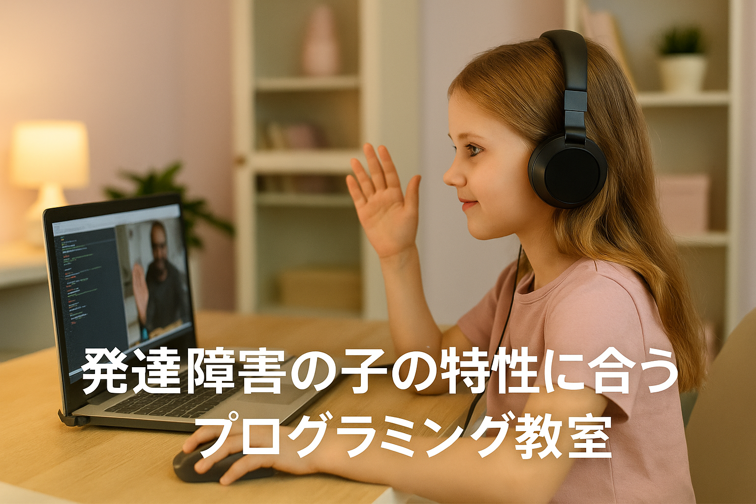 　発達障害のある女の子が自宅でオンラインプログラミングを学ぶ姿。