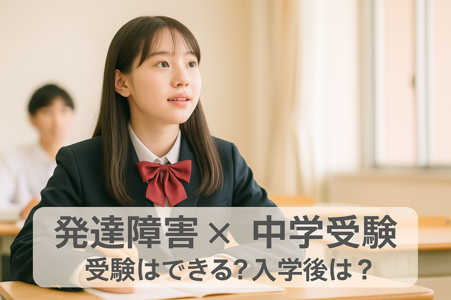 教室で授業を受ける13歳の日本人女子中学生。制服姿で真剣に先生の話を聞く様子。「発達障害×中学受験 受験はできる？入学後は？」の文字入り。