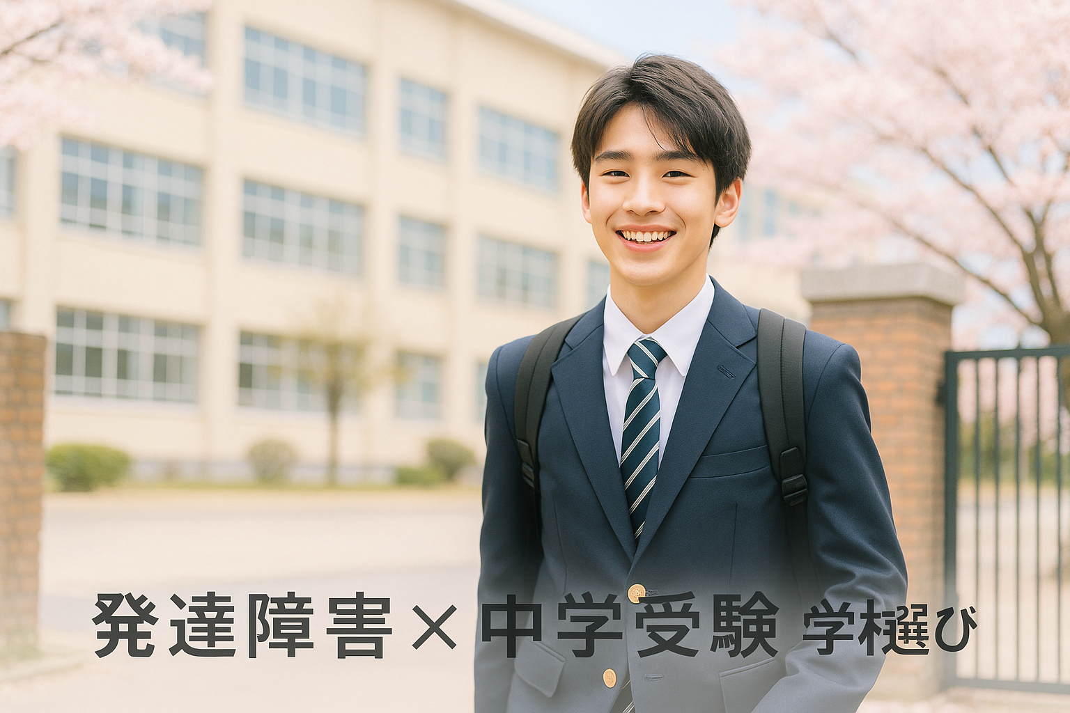 桜が咲く春の校門前で、ブレザー姿の日本人中学生の男の子が笑顔で登校する様子。「発達障害×中学受験 学校選び」の文字入り