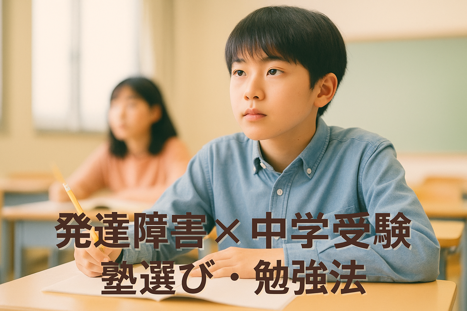 中学受験塾の教室で授業を受ける小学6年生の日本人男児。真剣な表情で前を見つめ、ノートにペンを構える姿。「発達障害×中学受験 塾選び・勉強法」の文字入り。