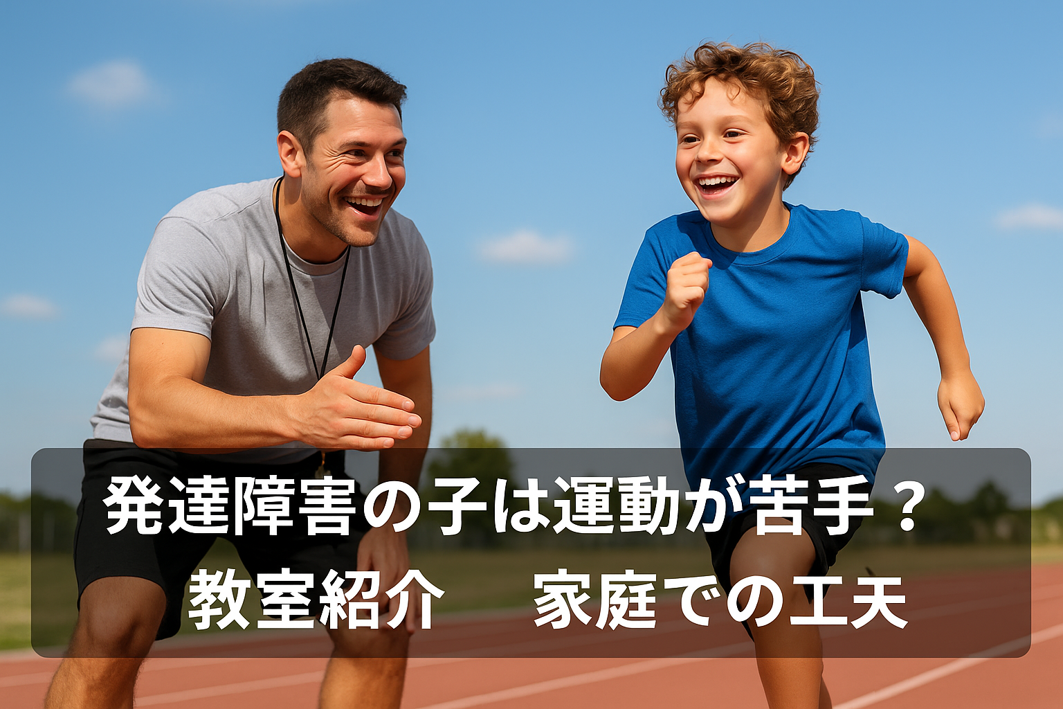 青空の下、短距離走を個別指導される外国人の子どもとコーチの写真