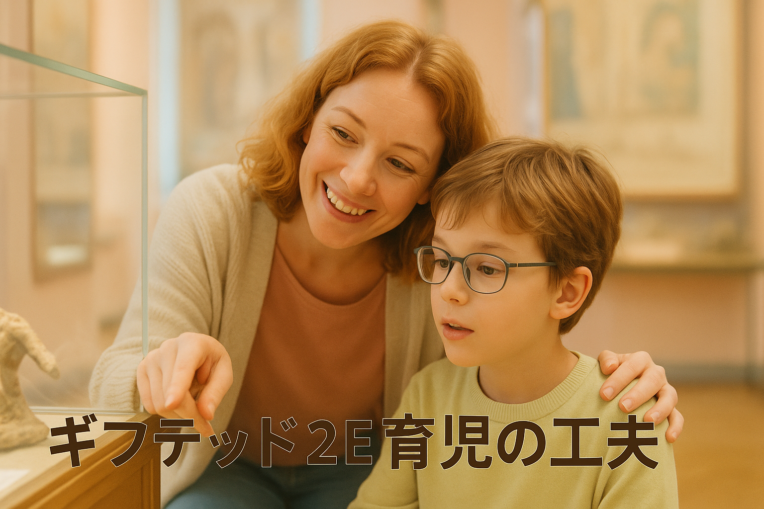 博物館で展示を見学する笑顔の外国人親子。ギフテッド2Eの子どもの好奇心に寄り添う育児の一場面。