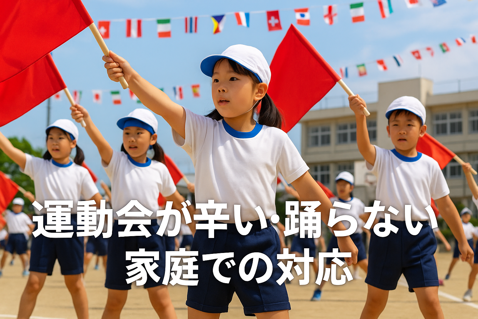 運動会でフラッグを持って踊る子どもたち。背景に万国旗と校舎が映り、楽しくダンスする姿が写っている。