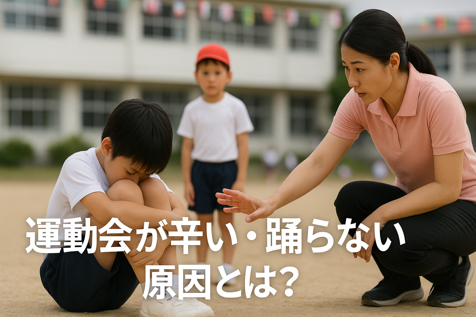 運動会のダンス練習中、膝を抱えてうずくまる男の子と、声をかける先生、心配そうに見守る子供たちの様子