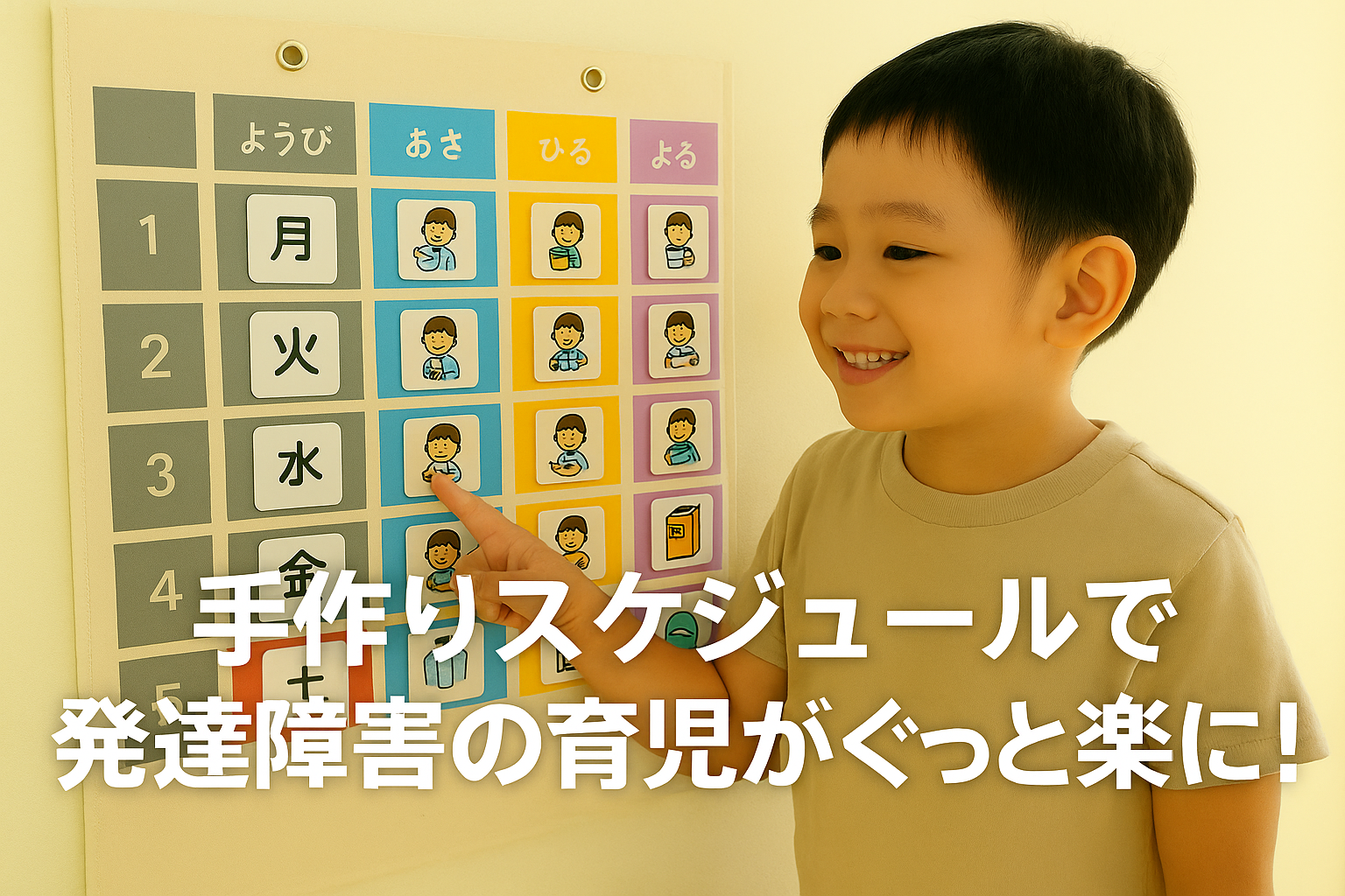手作りスケジュール表を笑顔で指さす男の子。発達障害の子の育児を楽にする工夫を紹介。