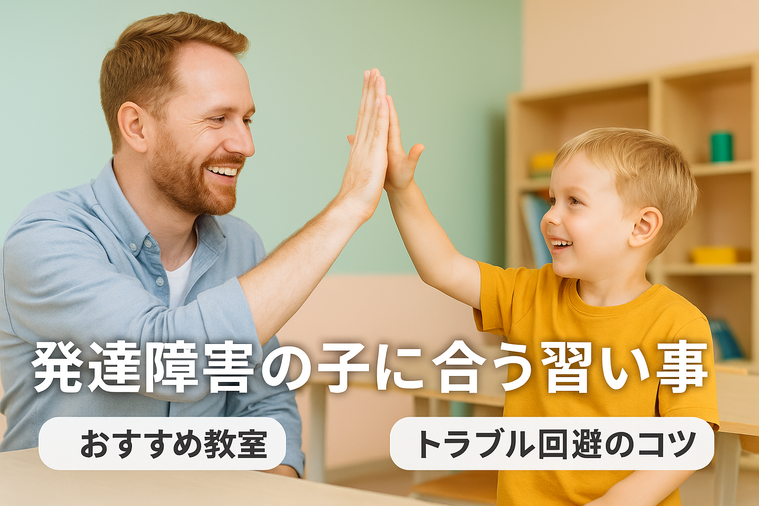外国人の先生と幼児が教室で笑顔でハイタッチをしている様子。発達障害の子に合う習い事をテーマにした記事のアイキャッチ画像。