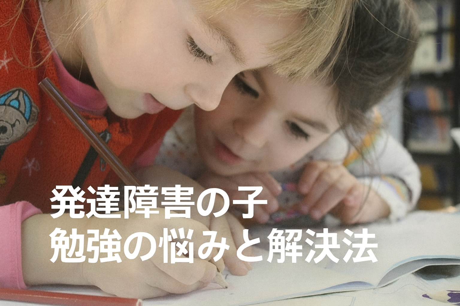 ノートに向かって一緒に勉強する子どもたち。発達障害の子の勉強の悩みと解決法を紹介する記事のアイキャッチ画像。