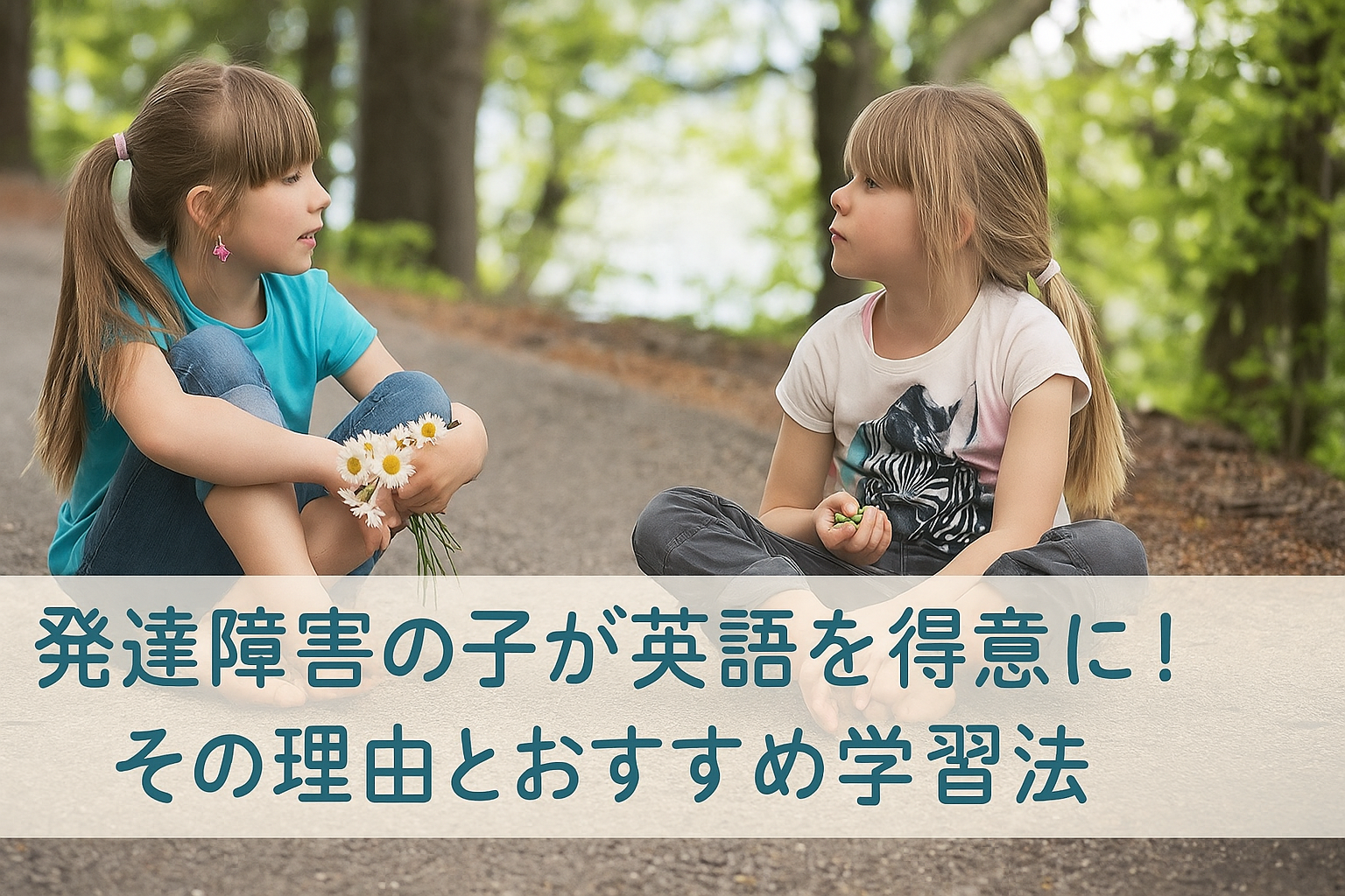 道に座って向かい合い、楽しそうに話す2人の女の子の写真