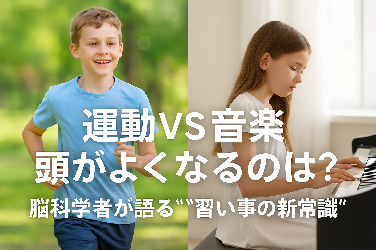 脳科学者が解説する、運動と音楽が子どもの脳に与える効果をまとめた記事のアイキャッチ画像。 スポーツとピアノを楽しむ子どものイメージ。
