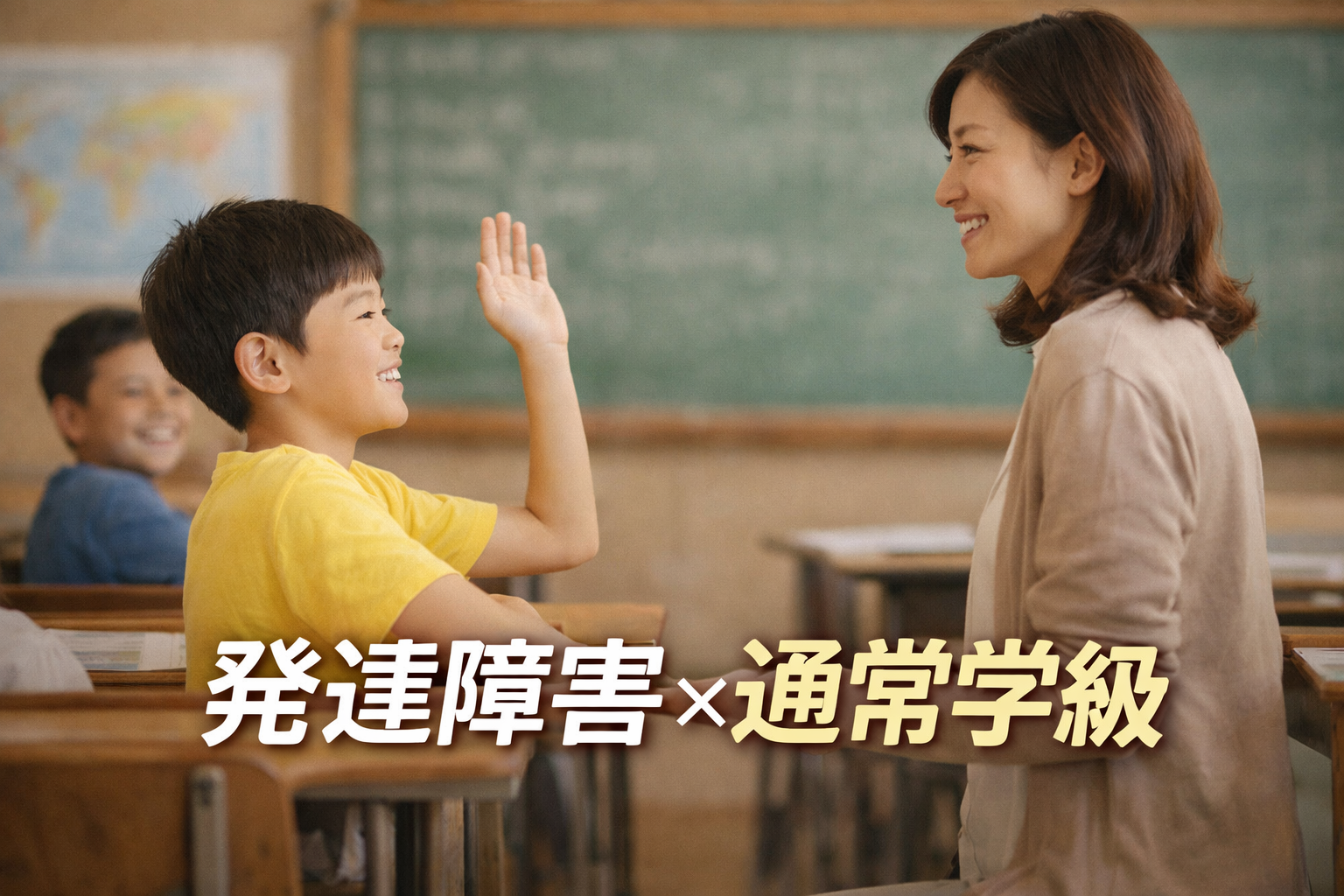 教室で笑顔の教師と向かい合い、手を挙げる児童の写真。「発達障害×通常学級」という文字入り